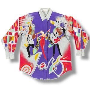 Vintage Kolorway USA Hand Painted Womens Shirt Medium All‎ Over Print Jazz Art
